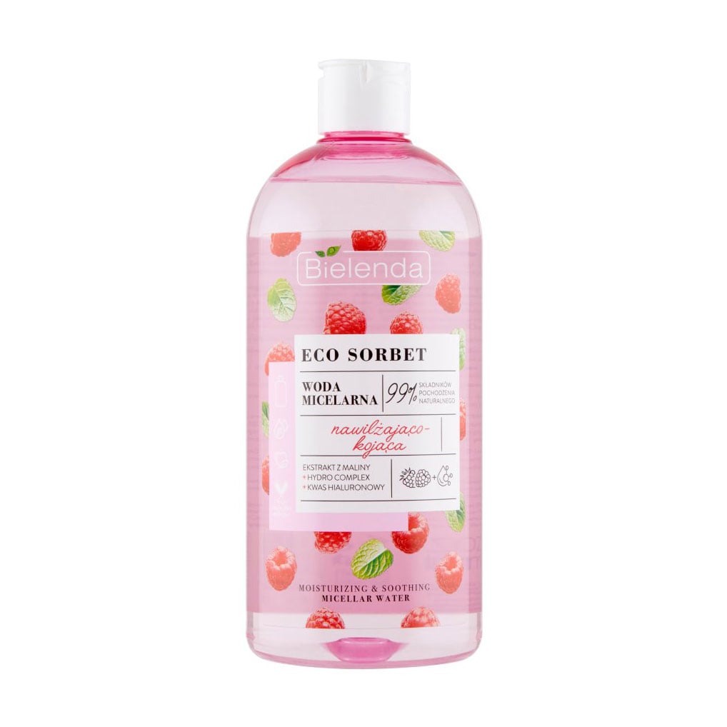 Зволожувальна та заспокійлива міцелярна вода для обличчя Bielenda Eco Sorbet Moisturizing &amp; Soothing Micellar Water з екстрактом малини, 500 мл